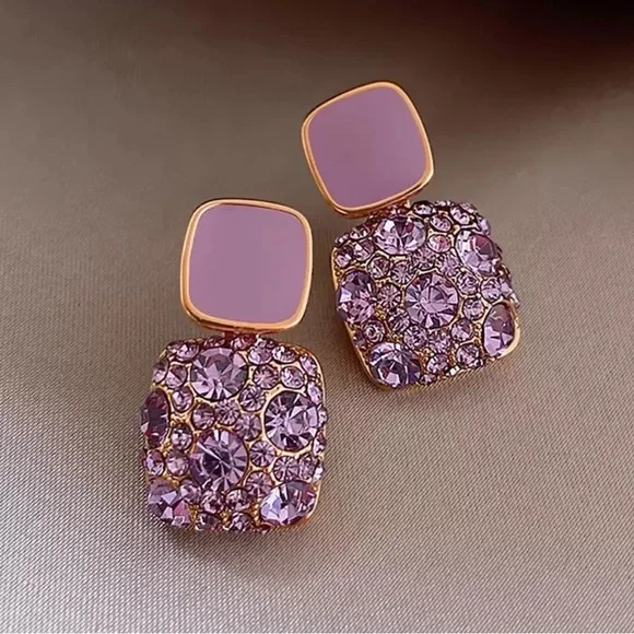 Elegant Gold and Purple Crystal Earrings - Picture 2 of 9